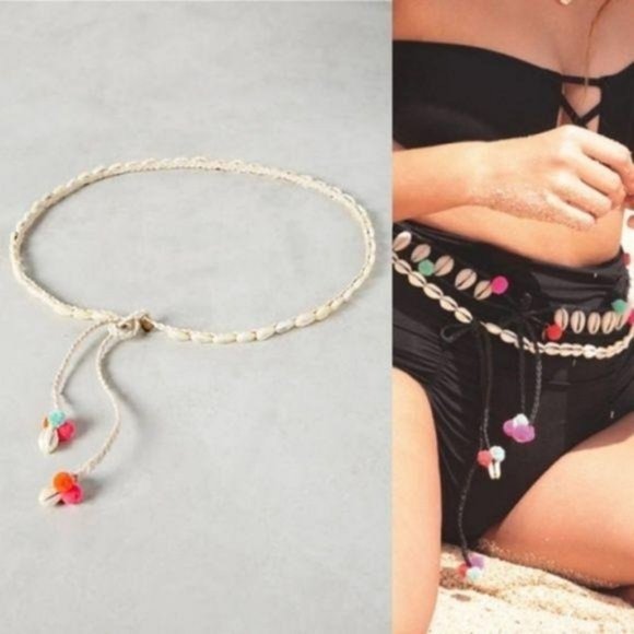 Anthro Shell Pom Pom Belt Wrap Woven Conch Braided main image 2